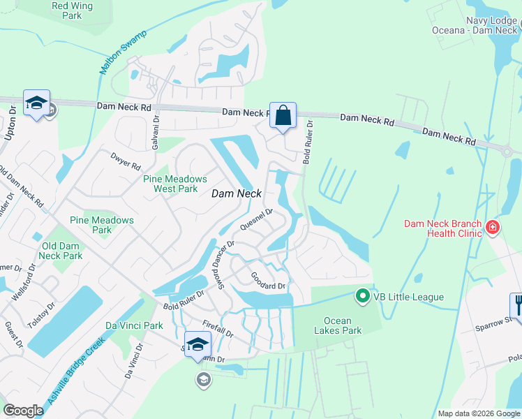 map of restaurants, bars, coffee shops, grocery stores, and more near 803 Quesnel Drive in Virginia Beach