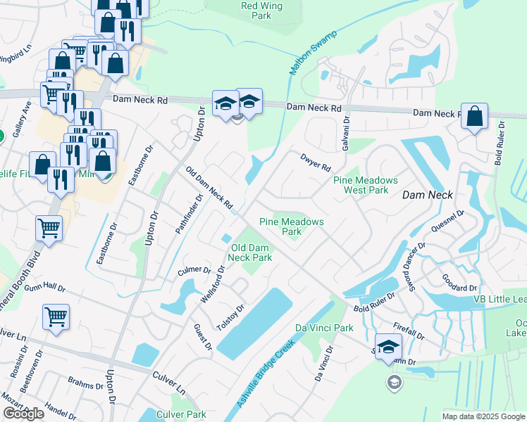 map of restaurants, bars, coffee shops, grocery stores, and more near 894 Old Dam Neck Road in Virginia Beach