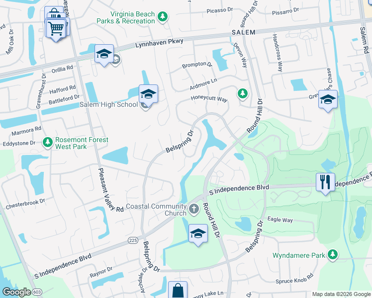 map of restaurants, bars, coffee shops, grocery stores, and more near 2016 Silver Lake Drive in Virginia Beach