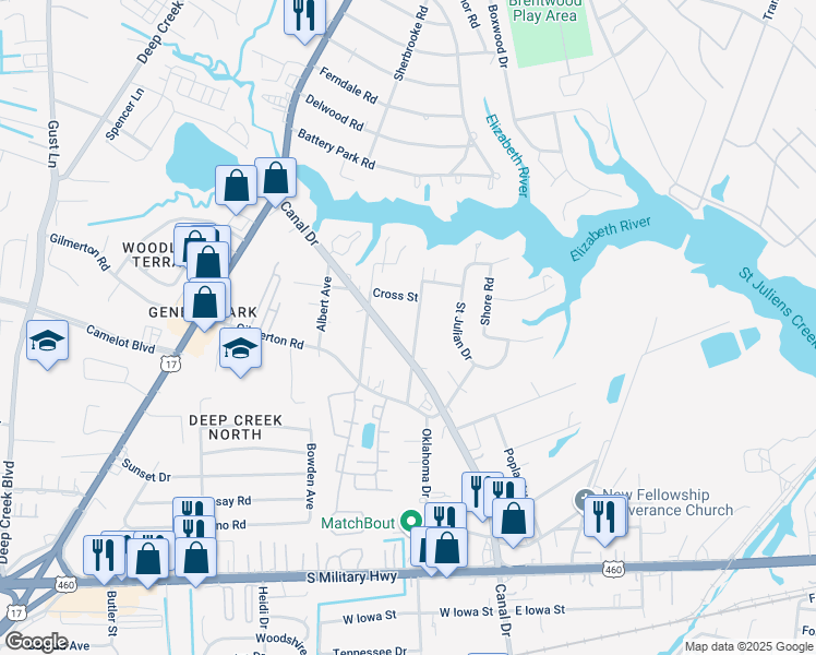 map of restaurants, bars, coffee shops, grocery stores, and more near 1029 Cox Avenue in Chesapeake
