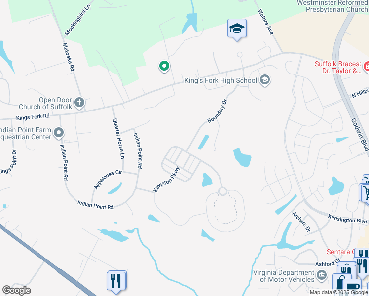 map of restaurants, bars, coffee shops, grocery stores, and more near 1056 Boundary Drive in Suffolk