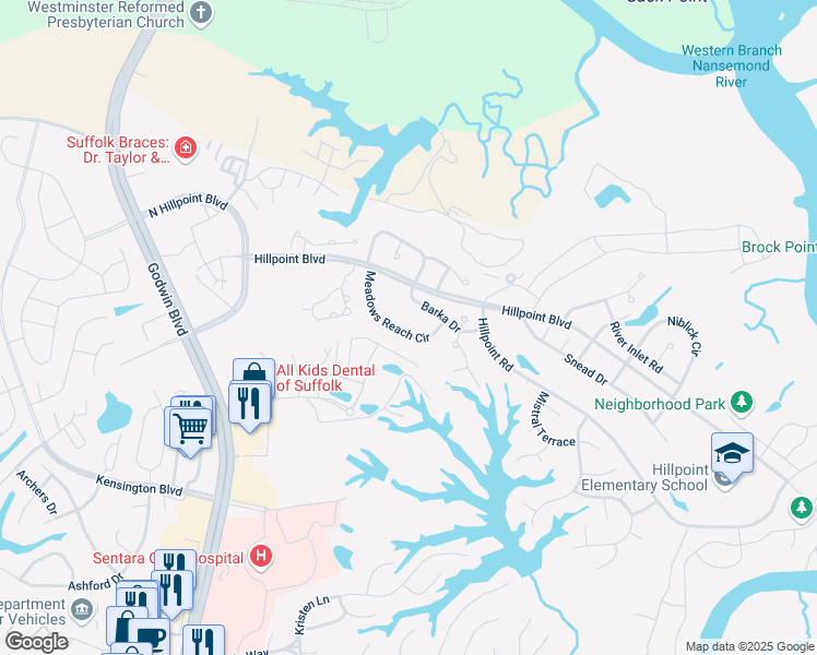 map of restaurants, bars, coffee shops, grocery stores, and more near 1034 Meadows Reach Circle in Suffolk