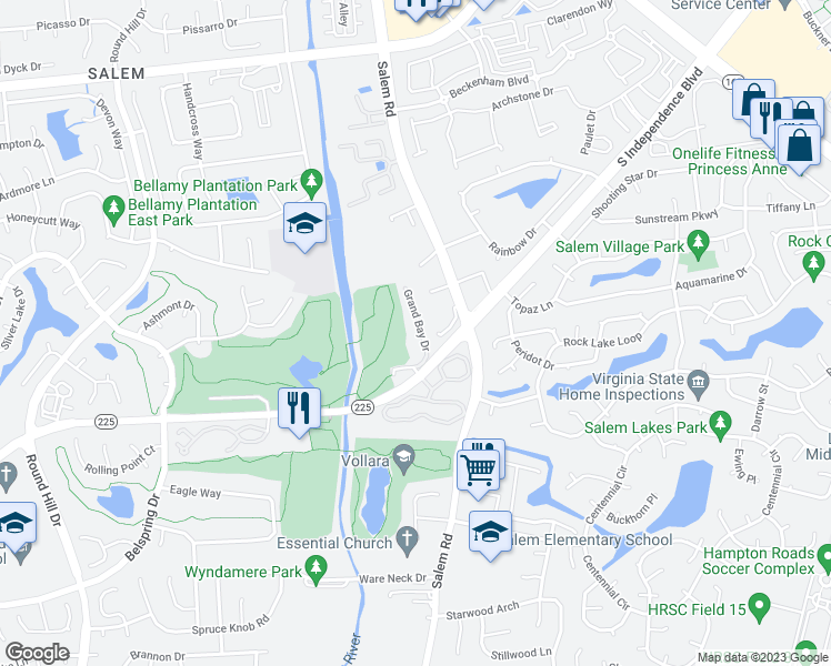 map of restaurants, bars, coffee shops, grocery stores, and more near 1769 Grand Bay Drive in Virginia Beach