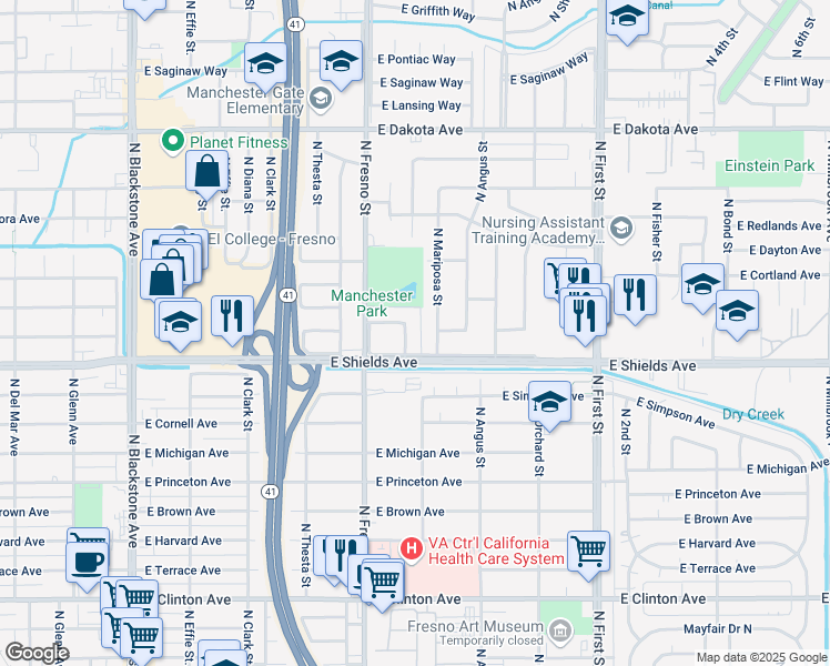 map of restaurants, bars, coffee shops, grocery stores, and more near 2625 East Shields Avenue in Fresno