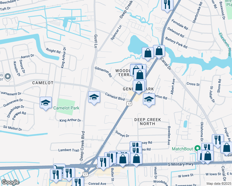 map of restaurants, bars, coffee shops, grocery stores, and more near 2828 Camelot Boulevard in Chesapeake