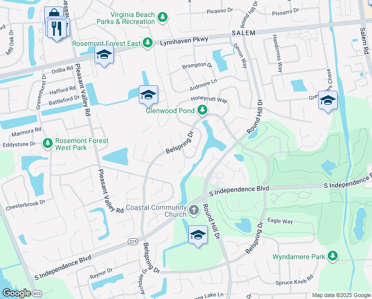 map of restaurants, bars, coffee shops, grocery stores, and more near 2016 Silver Lake Drive in Virginia Beach