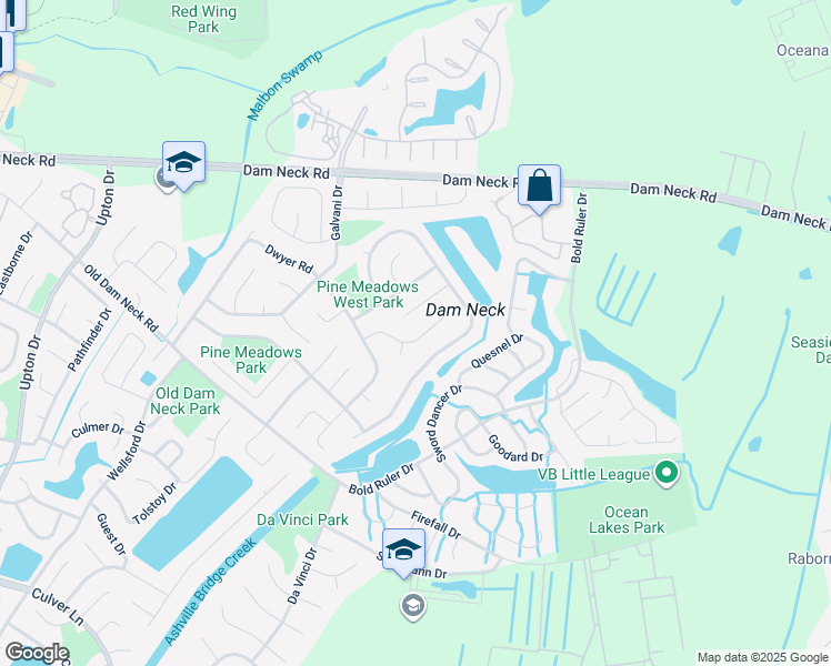 map of restaurants, bars, coffee shops, grocery stores, and more near 1525 Doppler Drive in Virginia Beach