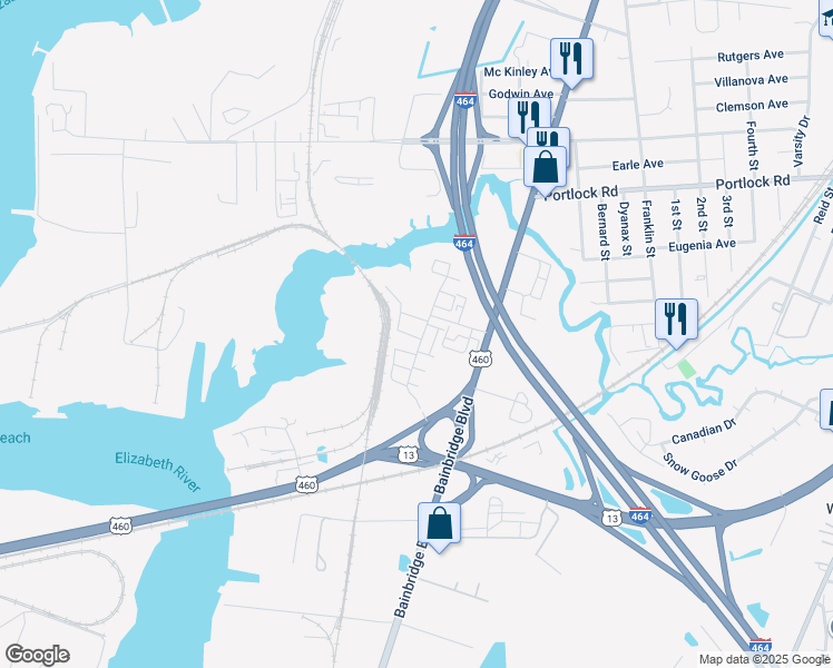 map of restaurants, bars, coffee shops, grocery stores, and more near 4373 Pickney Lane in Chesapeake