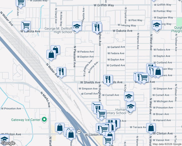 map of restaurants, bars, coffee shops, grocery stores, and more near 3241 North Woodson Avenue in Fresno