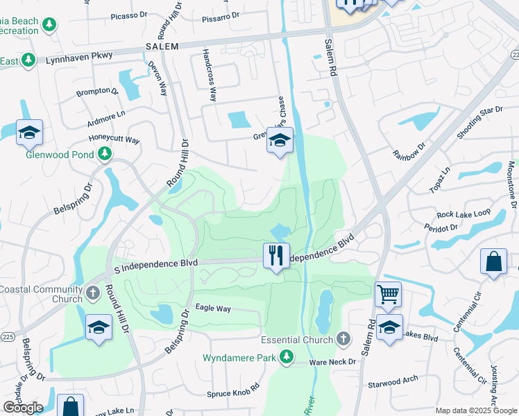 map of restaurants, bars, coffee shops, grocery stores, and more near 833 Whispering Woods Court in Virginia Beach