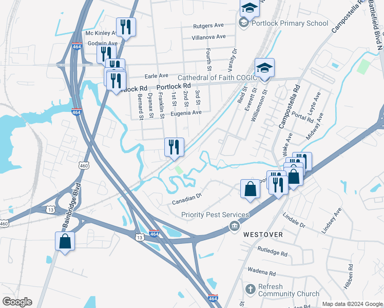 map of restaurants, bars, coffee shops, grocery stores, and more near 1102 Railroad Avenue in Chesapeake