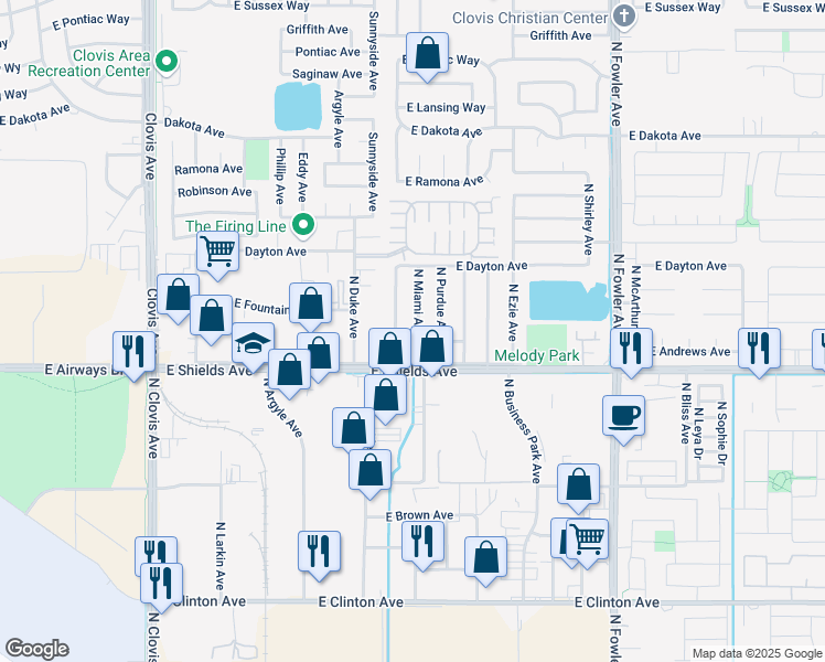 map of restaurants, bars, coffee shops, grocery stores, and more near 5844 East Andrews Avenue in Fresno