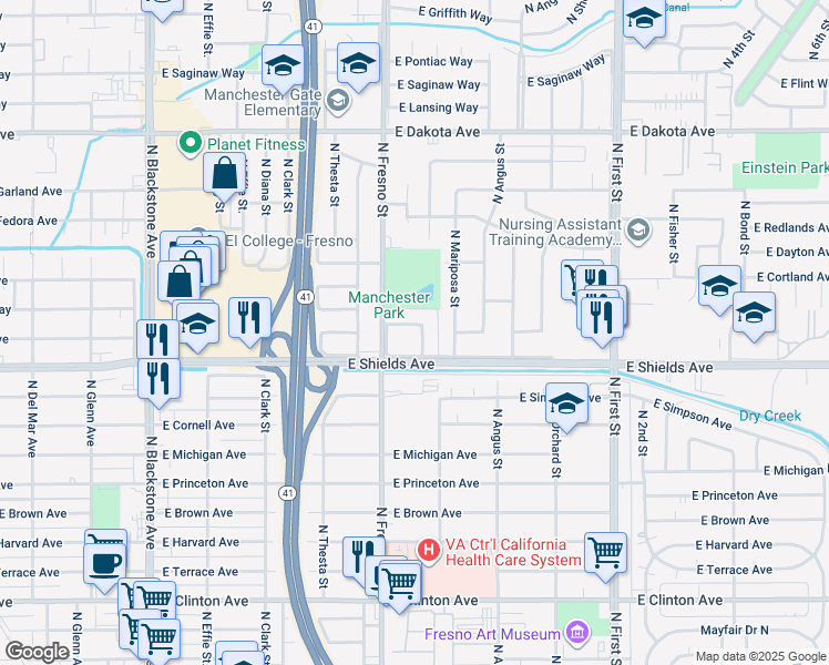 map of restaurants, bars, coffee shops, grocery stores, and more near 2525 East Shields Avenue in Fresno