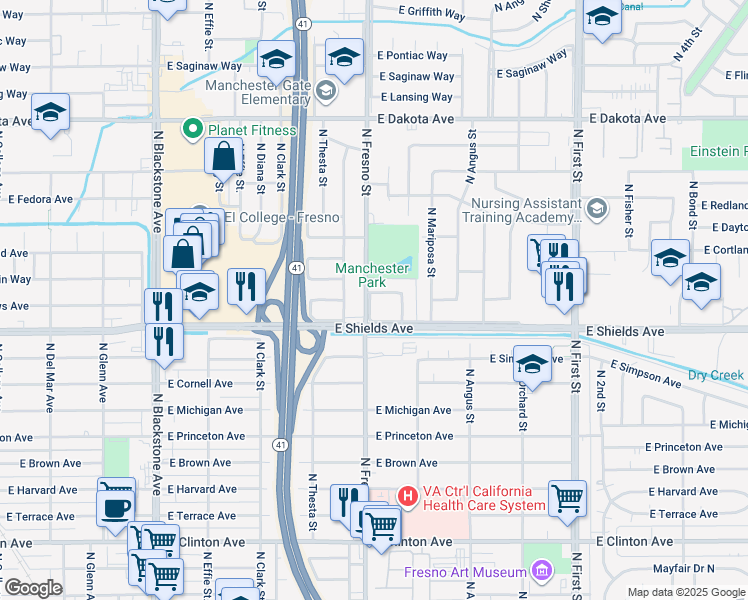 map of restaurants, bars, coffee shops, grocery stores, and more near 2525 East Shields Avenue in Fresno