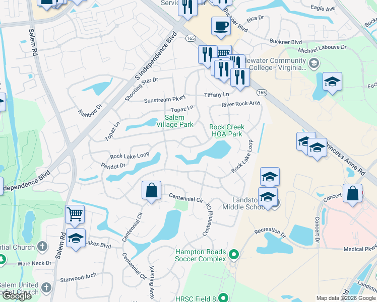map of restaurants, bars, coffee shops, grocery stores, and more near 1816 Rapids Court in Virginia Beach