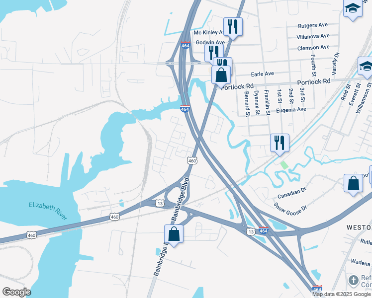 map of restaurants, bars, coffee shops, grocery stores, and more near 4340 Alvah Martin Way in Chesapeake