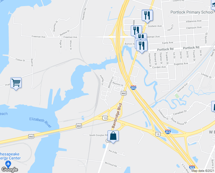 map of restaurants, bars, coffee shops, grocery stores, and more near 4373 Pickney Lane in Chesapeake