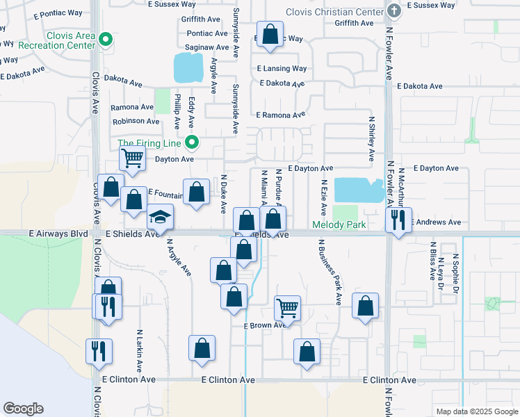 map of restaurants, bars, coffee shops, grocery stores, and more near 5844 East Andrews Avenue in Fresno