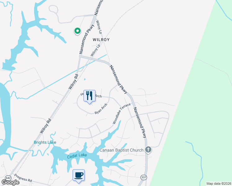 map of restaurants, bars, coffee shops, grocery stores, and more near 206 Holbrook Arch in Suffolk