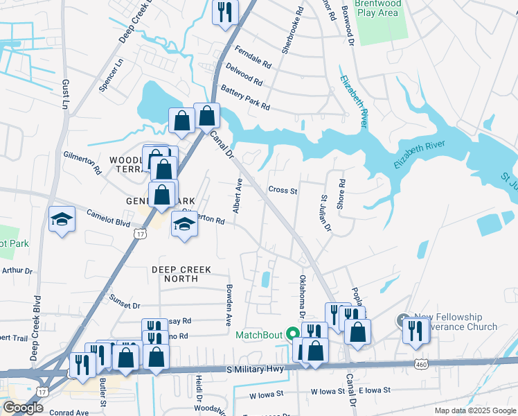 map of restaurants, bars, coffee shops, grocery stores, and more near 1024 Geneva Avenue in Chesapeake