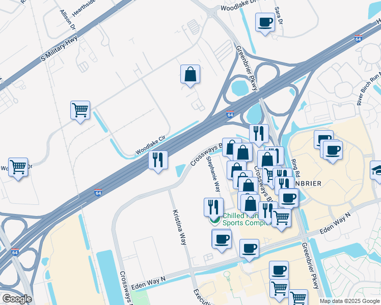 map of restaurants, bars, coffee shops, grocery stores, and more near 1545 Crossways Boulevard in Chesapeake