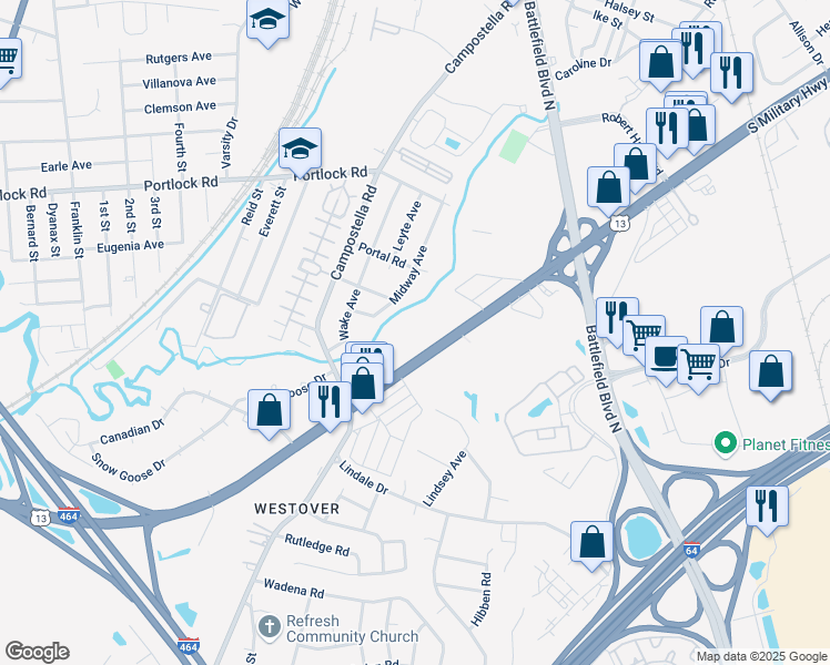 map of restaurants, bars, coffee shops, grocery stores, and more near 2133 South Military Highway in Chesapeake