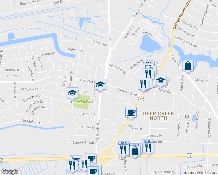 map of restaurants, bars, coffee shops, grocery stores, and more near 2869 Camelot Boulevard in Chesapeake
