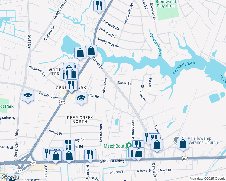 map of restaurants, bars, coffee shops, grocery stores, and more near 1024 Geneva Avenue in Chesapeake