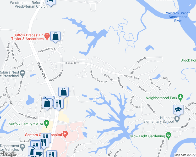map of restaurants, bars, coffee shops, grocery stores, and more near 1021 Meadows Reach Circle in Suffolk