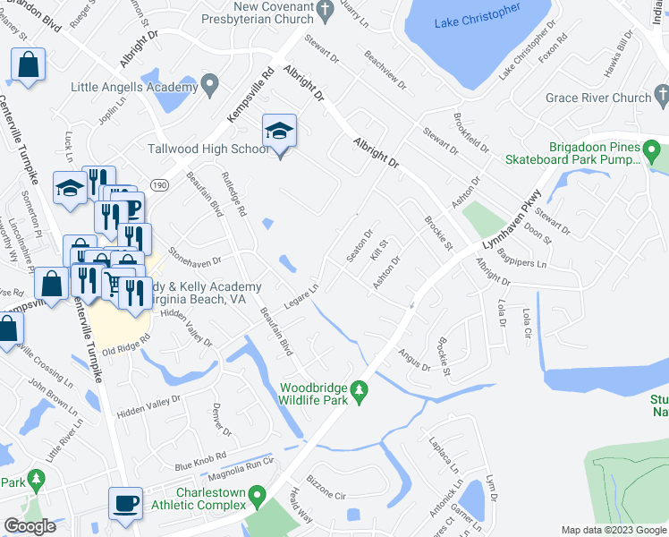 map of restaurants, bars, coffee shops, grocery stores, and more near 1749 Seaton Drive in Virginia Beach