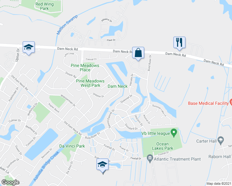 map of restaurants, bars, coffee shops, grocery stores, and more near 797 Daimler Drive in Virginia Beach