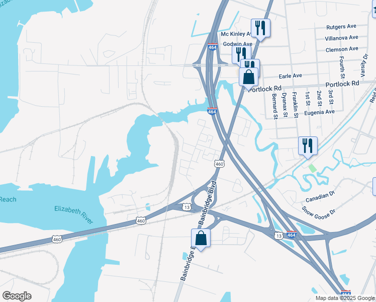 map of restaurants, bars, coffee shops, grocery stores, and more near 4365 Pickney Lane in Chesapeake