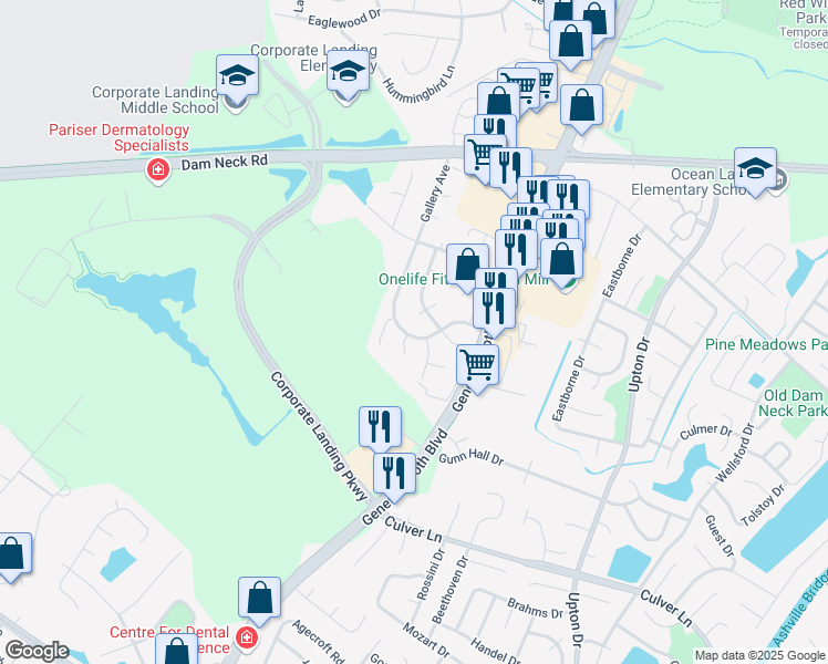 map of restaurants, bars, coffee shops, grocery stores, and more near 1680 Gallery Avenue in Virginia Beach