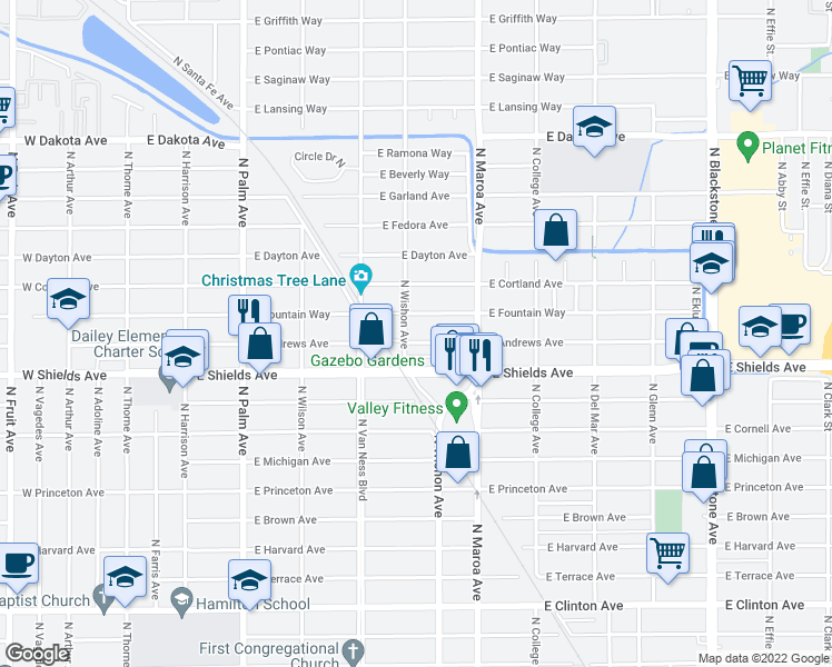 map of restaurants, bars, coffee shops, grocery stores, and more near 715 East Andrews Avenue in Fresno