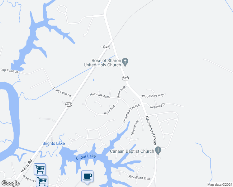 map of restaurants, bars, coffee shops, grocery stores, and more near 213 Holbrook Arch in Suffolk