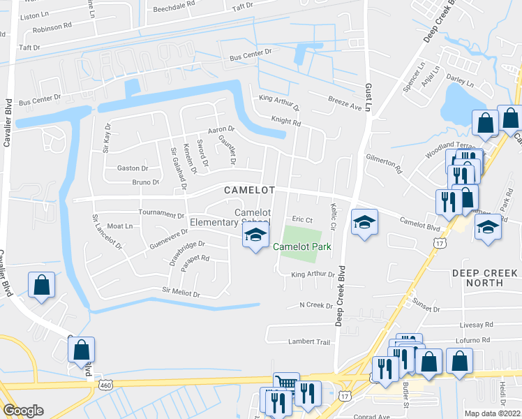 map of restaurants, bars, coffee shops, grocery stores, and more near 1025 Sean Drive in Chesapeake