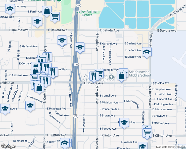 map of restaurants, bars, coffee shops, grocery stores, and more near 4581 East Shields Avenue in Fresno