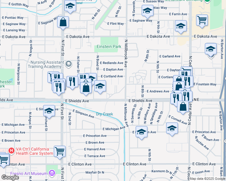 map of restaurants, bars, coffee shops, grocery stores, and more near 3505 East Shields Avenue in Fresno