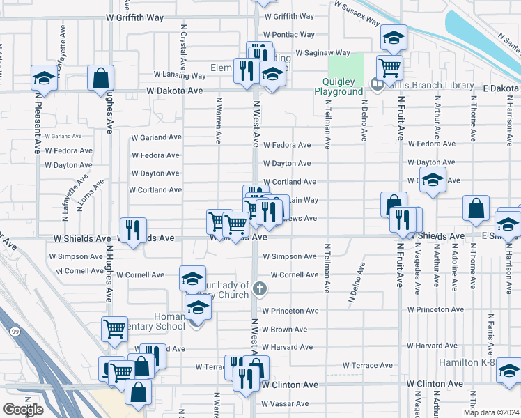 map of restaurants, bars, coffee shops, grocery stores, and more near 1229 West Andrews in Fresno
