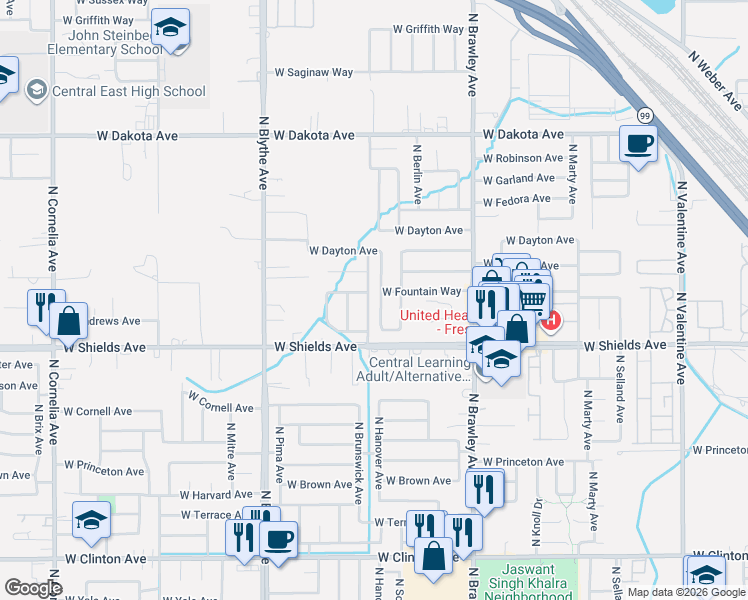 map of restaurants, bars, coffee shops, grocery stores, and more near 3041 North Hanover Avenue in Fresno