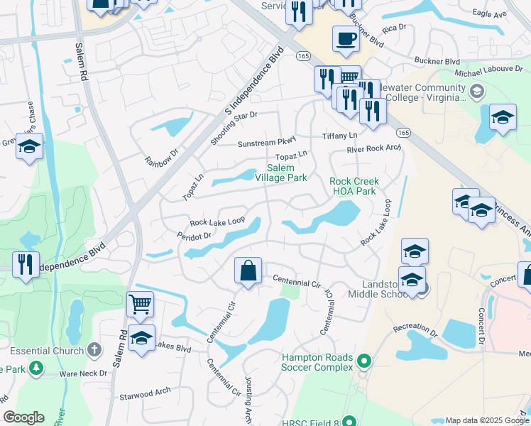 map of restaurants, bars, coffee shops, grocery stores, and more near 1896 Rock Lake Loop in Virginia Beach