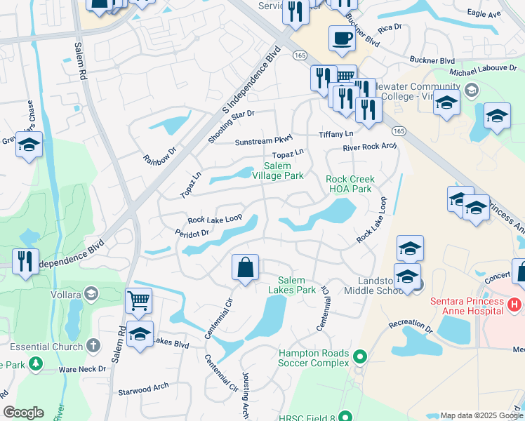 map of restaurants, bars, coffee shops, grocery stores, and more near 1896 Rock Lake Loop in Virginia Beach