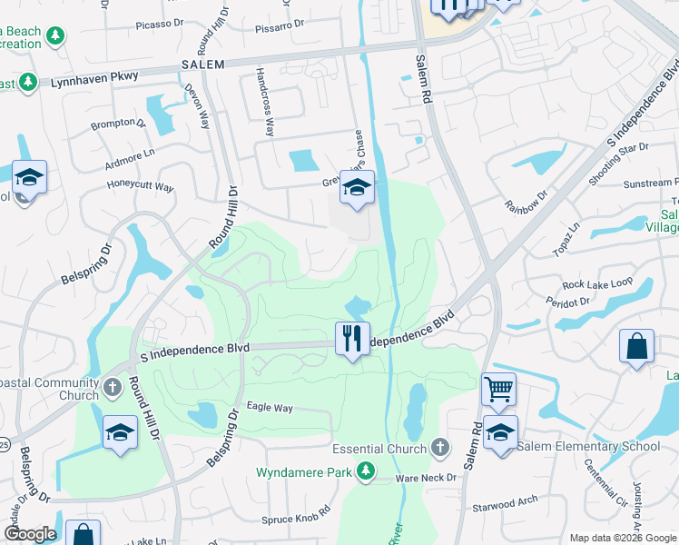 map of restaurants, bars, coffee shops, grocery stores, and more near 833 Whispering Woods Court in Virginia Beach