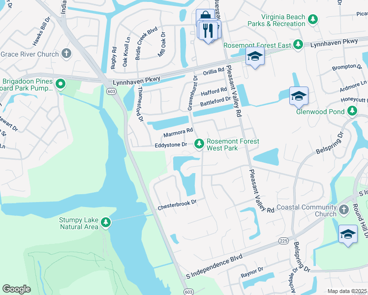 map of restaurants, bars, coffee shops, grocery stores, and more near 1420 Dighton Court in Virginia Beach