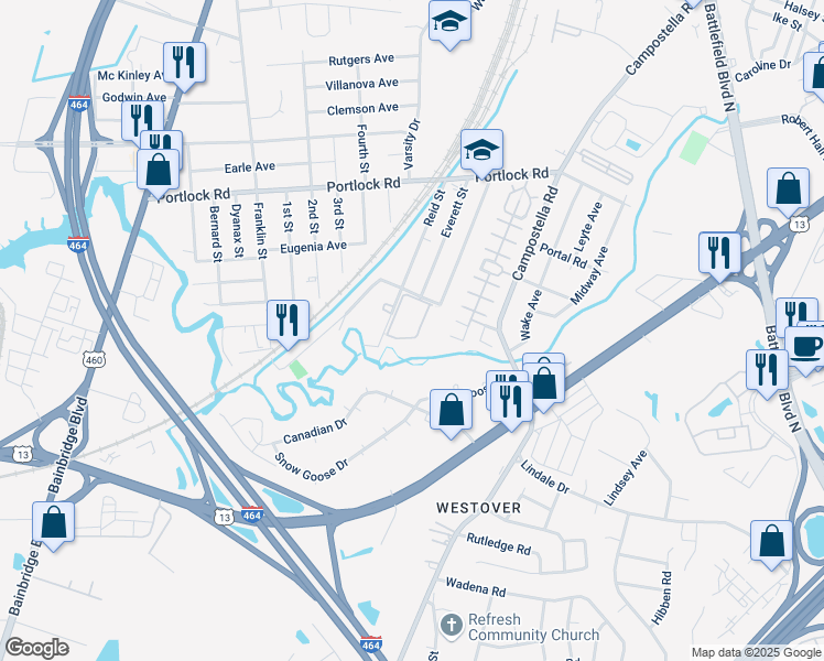 map of restaurants, bars, coffee shops, grocery stores, and more near 2024 Linster Street in Chesapeake
