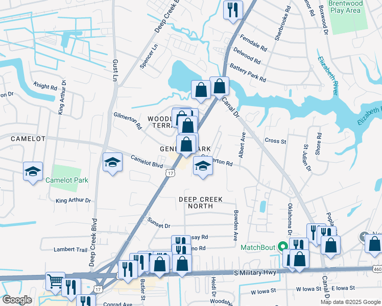 map of restaurants, bars, coffee shops, grocery stores, and more near 1025 Thrive Place in Chesapeake