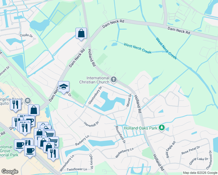 map of restaurants, bars, coffee shops, grocery stores, and more near 3056 Glastonbury Drive in Virginia Beach