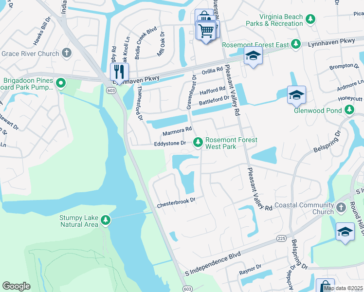 map of restaurants, bars, coffee shops, grocery stores, and more near 1420 Dighton Court in Virginia Beach