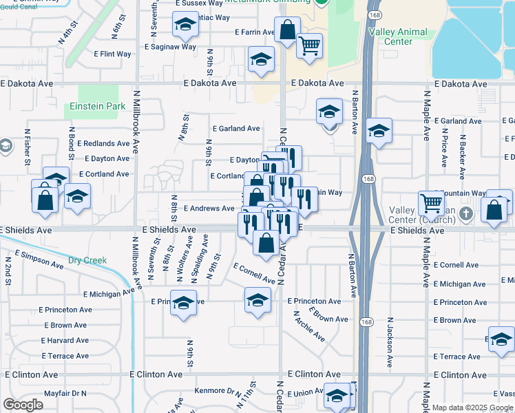 map of restaurants, bars, coffee shops, grocery stores, and more near 4125 E Shields Ave in Fresno