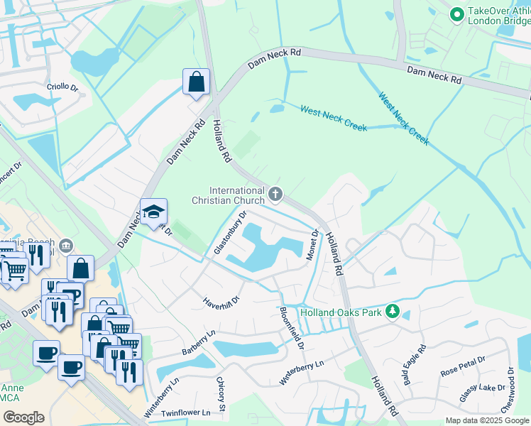 map of restaurants, bars, coffee shops, grocery stores, and more near 3056 Glastonbury Drive in Virginia Beach